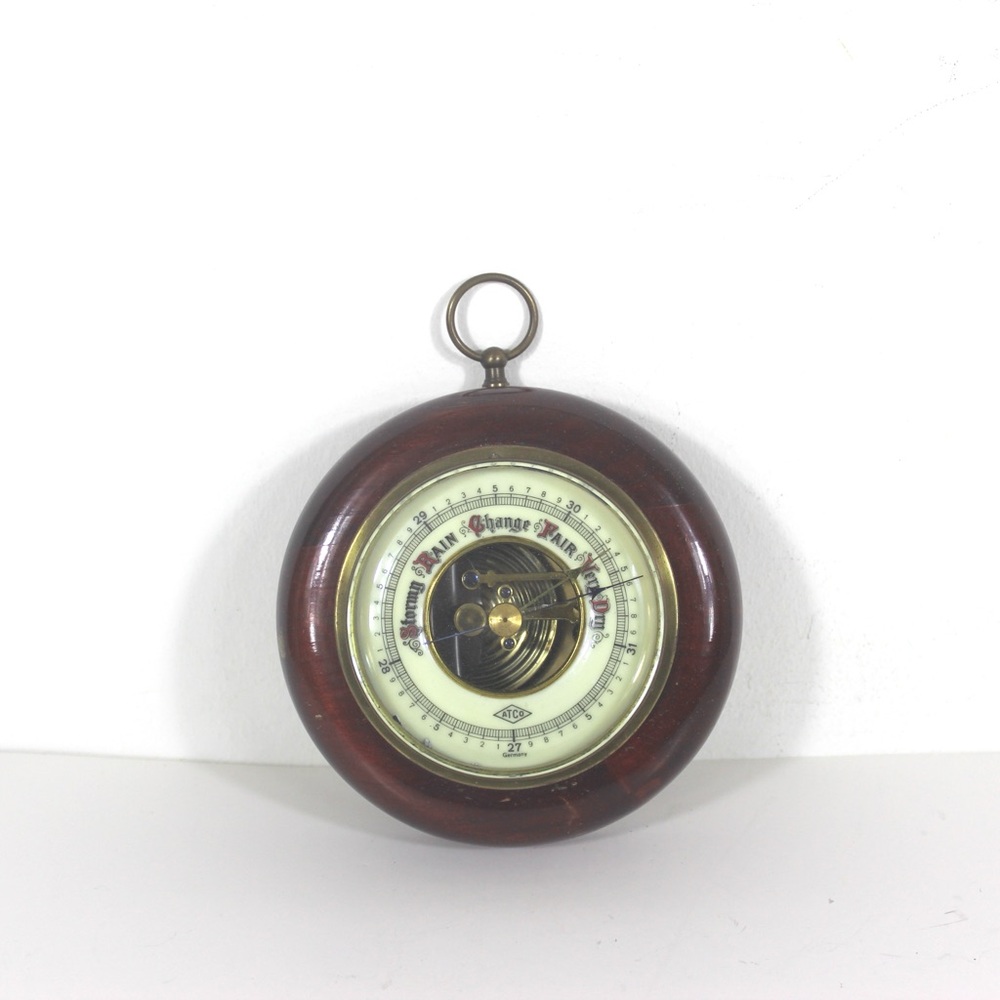 Vintage German Barometer for on the Wall, Made of Wood, Brass and Glass